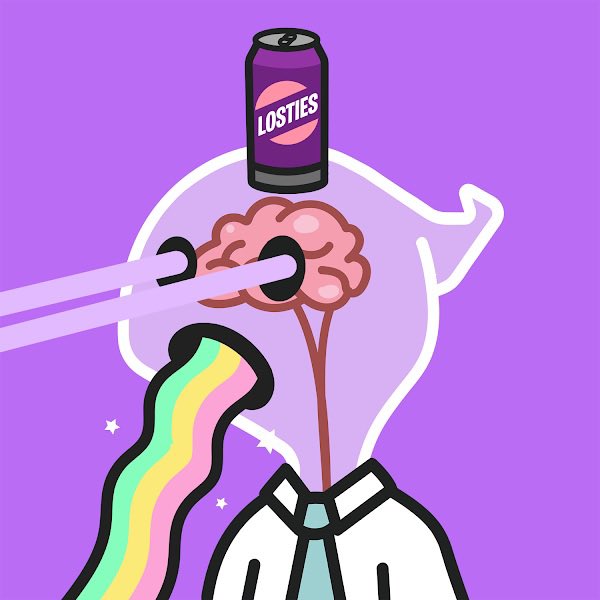 A cartoon illustration shows a purple soda can labeled "LOSTIES" sitting atop a stylized, transparent head where a brain spews a rainbow of vomit while being pulled by a fork. The image humorously represents the chaotic, messy "lostie" traits the post asks users to share.