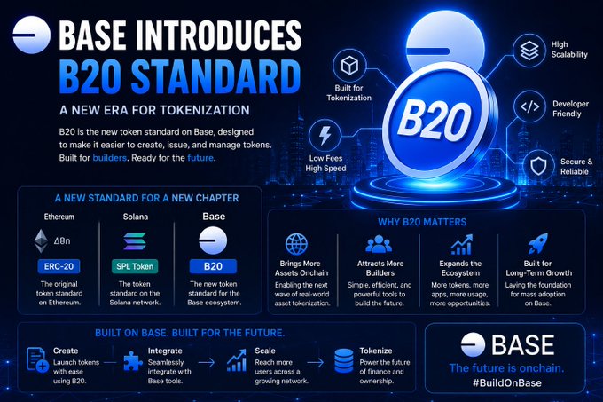 A blue promotional infographic for 'BASE' announcing the 'B20 STANDARD - A NEW ERA FOR TOKENIZATION', comparing it to Ethereum's ERC-20 and Solana's SPL Token, with features listed as Built for Tokenization, High Scalability, Developer Friendly, Low Fees, High Speed, and Secure & Reliable.