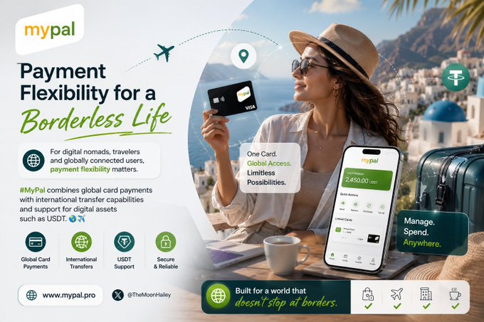 A promotional banner for MyPal showcases a woman holding a Visa card against a coastal travel backdrop, with a smartphone displaying a $2,450.00 USDT balance, emphasizing the platform's tagline "Payment Flexibility for a Borderless Life" and features like global card payments, international transfers, and USDT support.