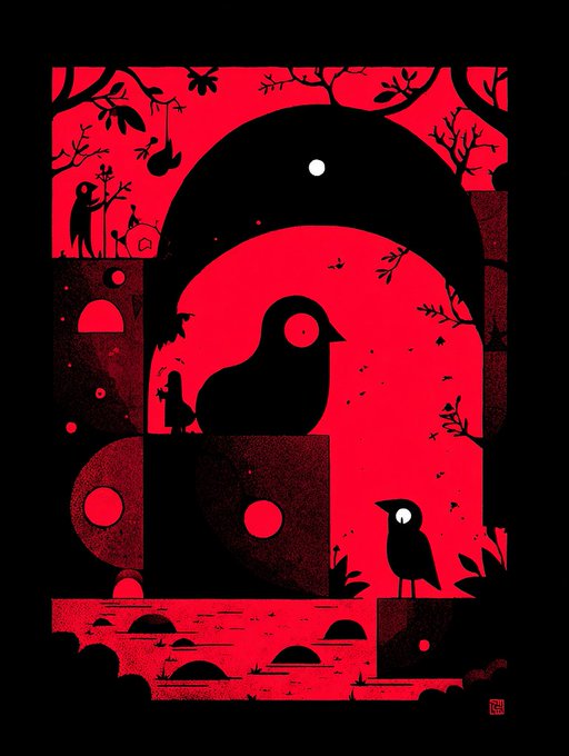 A stylized illustration in red and black depicting silhouettes of birds and people within an arched, architectural scene.