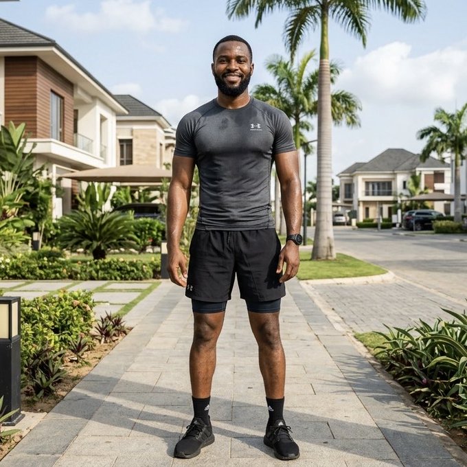 A man in athletic wear (Under Armour shirt and shorts) stands smiling on a paved walkway in a tropical residential neighborhood with palm trees. The image doesn't visually relate to the post about testing Xora Finance's withdrawal process on XRPL, as it simply shows a fit person posing outdoors rather than depicting any cryptocurrency transaction or proof of transaction.