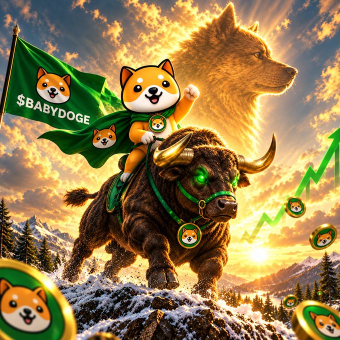 A dramatic promotional image featuring a Shiba Inu dog mascot wearing a green cape with the '$BABYDOGE' flag, riding a charging bull with green glowing eyes. A wolf-like spirit and rising green arrows appear in the sunset background with mountains and forests.