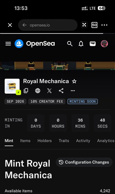 A mobile screenshot of OpenSea showing a 'Royal Mechanica' NFT collection with a 10% creator fee, marked as 'MINTING SOON' in 36 minutes and 48 seconds.