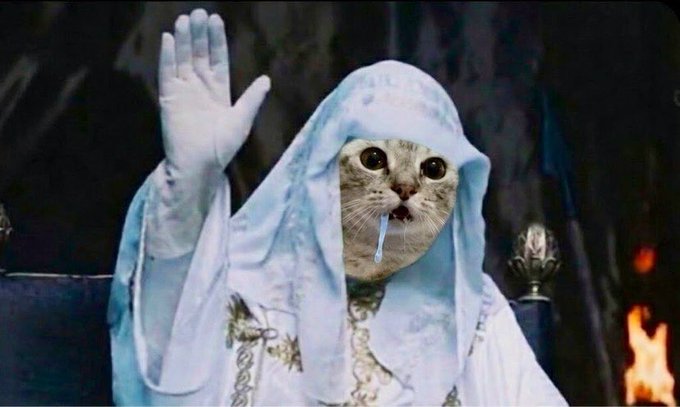 A cat with a digitally edited human-like mouth is dressed in white robes with a hood, raising a gloved hand in a dramatic gesture against a dark, cave-like background with fire. The image appears to be a humorous meme tied to the random alphanumeric string, possibly serving as a quirky visual identifier for the meme coin or token.