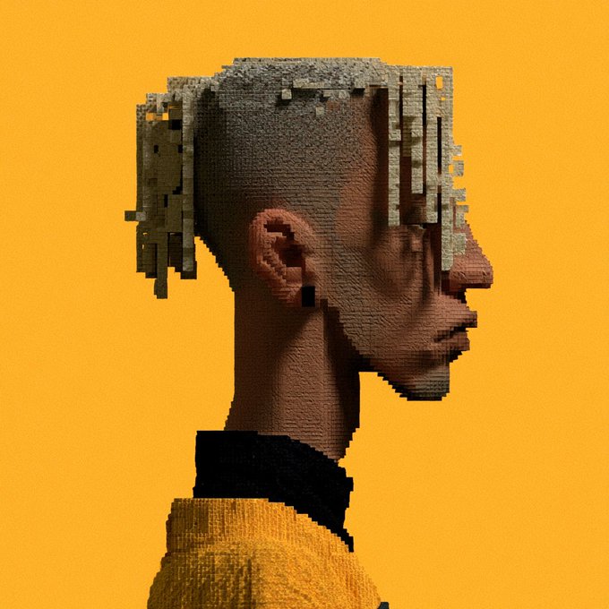 Stylized 3D pixelated portrait of a Black man with blonde-tipped hair in profile against a mustard yellow background.