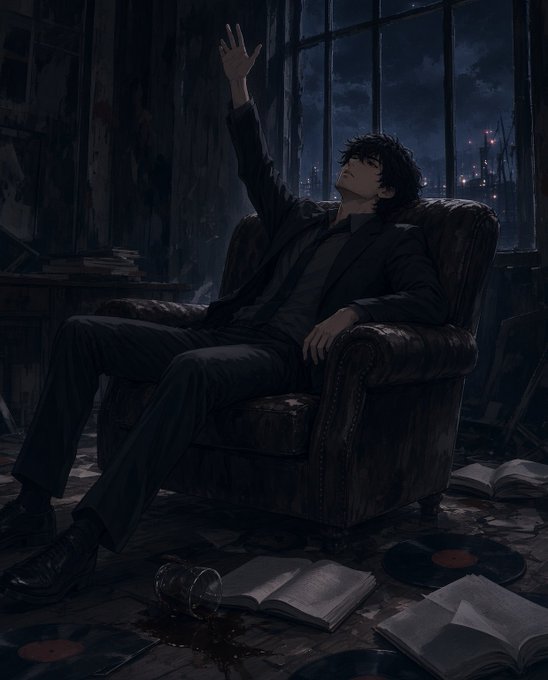 A moody illustration of a man in a black suit sitting in an armchair with one arm raised, surrounded by books and vinyl records, looking out a window at a dark cityscape.