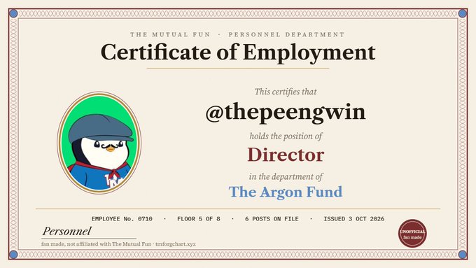 A 'Certificate of Employment' from The Mutual Fun - Personnel Department awarded to '@thepeengwin' as Director in The Argon Fund department, employee number 0710, issued 3 OCT 2026.