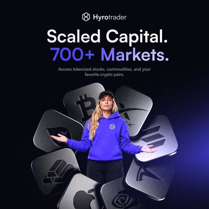 A promotional advertisement for Hyrotrader showing a woman in a blue hoodie surrounded by cryptocurrency and stock app icons, with text 'Scaled Capital. 700+ Markets.'