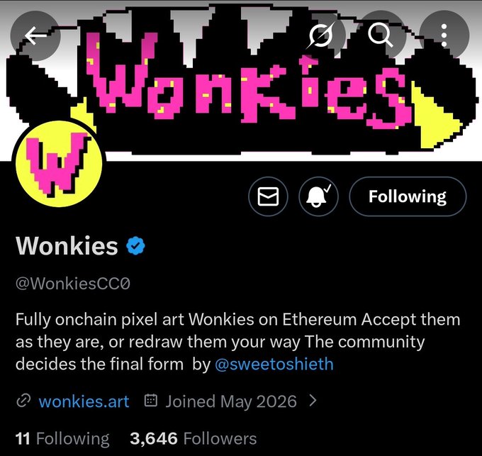 Twitter/X profile page for "Wonkies" (@WonkiesCC0), featuring pixel art banner and avatar with a bio describing fully onchain pixel art Wonkies on Ethereum, created by @sweetoshieth, alongside profile stats showing 11 Following and 3,646 Followers. The profile directly corresponds to the post's announcement of a 3000 supply NFT collection minting on July 22nd via OpenSea at 0.005 ETH (~$10) with a checker available through Discord.