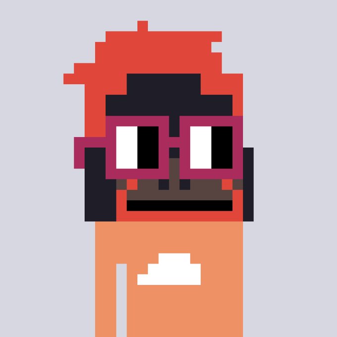 A pixel art character with red hair, red square glasses, and an orange shirt on a plain gray background.