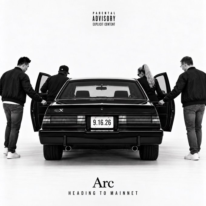 A black sedan with the license plate "9.16.26" and "Arc HEADING TO MAINNET" text is shown from behind, with four people holding the doors open beneath a "Parental Advisory Explicit Content" label. The image ties directly to the post's countdown of 8 days until Arc's mainnet launch on 9.16.26, featuring a USDC giveaway via PayX by Xylonet.