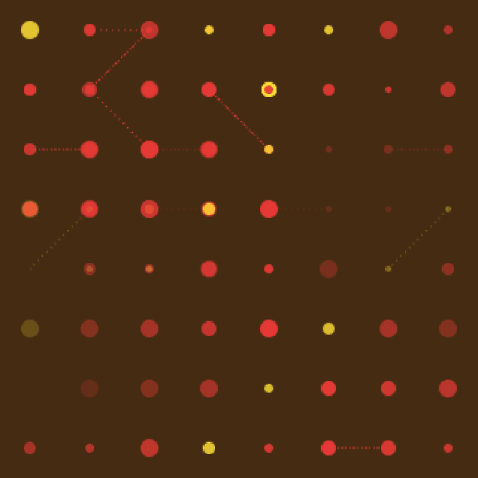 An abstract digital artwork featuring a grid of red, yellow, and dark dots of varying sizes scattered across a dark brown background, with faint dotted lines connecting some of the points.