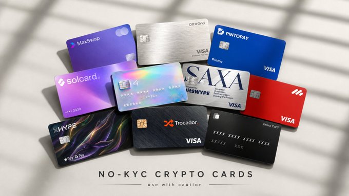 A promotional display of various no-KYC crypto debit cards including MaxSwap, DRAGIS, PintoPay, solcard, SAXA, HYPE, Trocador, and a virtual card, with text reading 'NO-KYC CRYPTO CARDS use with caution'.