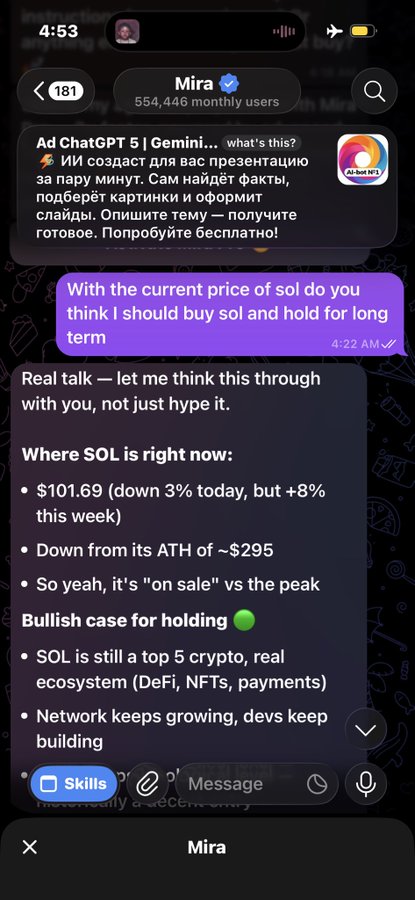 A Telegram chat screenshot with the bot "Mira" (554,446 monthly users) shows a user asking about buying and holding SOL long-term, and the bot responding with current price info ($101.69) and bullish case details.