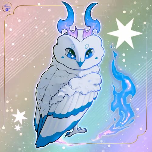 The image features an owl, which appears to be a character from a video game or cartoon. The owl has blue eyes and white wings, giving it a unique appearance. It is standing against a backdrop of stars and a purple sky, creating a visually striking scene. The owl's position in the center of the image draws attention to itself as the main subject.