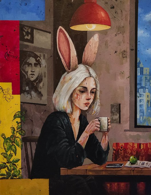An illustration of a pale woman with bunny ears holding a mug at a table, with a poster of a face and a teddy bear on the wall behind her and a green pear on the table.