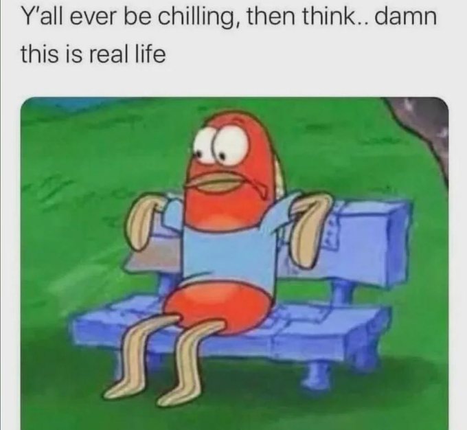 A meme featuring a cartoon fish character sitting on a blue bench with text reading 'Y'all ever be chilling, then think.. damn this is real life'.