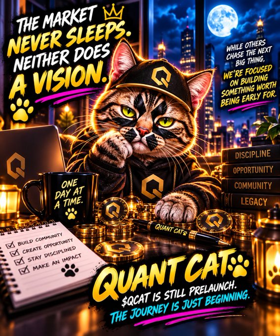 A promotional graphic for '$QUANT CAT' ($QCAT), a meme coin, featuring a cat in a cap pointing forward, with text 'THE MARKET NEVER SLEEPS. NEITHER DOES A VISION.', 'WE'RE FOCUSED ON BUILDING SOMETHING WORTH BEING EARLY FOR.', 'ONE DAY AT A TIME', '$QAT IS STILL PRELAUNCH. THE JOURNEY IS JUST BEGINNING.', and books labeled 'DISCIPLINE, OPPORTUNITY, COMMUNITY, LEGACY.'