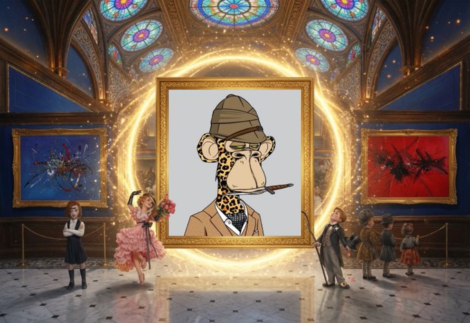 A whimsical golden portal in an ornate gallery hall reveals a framed illustration of an anthropomorphic giraffe detective in a trench coat and fedora holding a pipe, while small figures admire surrounding abstract paintings. The surreal, personality-driven artwork embodies the post's excitement about the @2O1Patrons experience, where art is "built from my own personality" in a three-act unveiling.