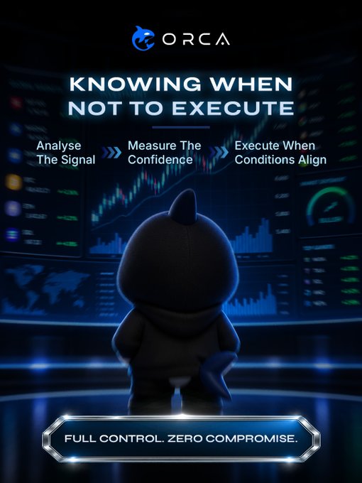 A promotional graphic featuring the ORCA logo and the headline "KNOWING WHEN NOT TO EXECUTE" above a hooded mascot overlooking trading charts, with a three-stage process displayed: "Analyse The Signal >> Measure The Confidence >> Execute When Conditions Align," and the tagline "FULL CONTROL. ZERO COMPROMISE." at the bottom, illustrating ORCA's confidence-based filtering approach to selective trade execution.