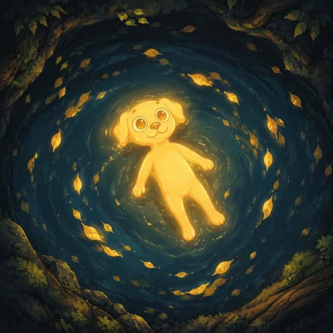 An illustrated image of a glowing yellow cartoon puppy floating peacefully in the center of a dark, swirling whirlpool surrounded by golden leaves.