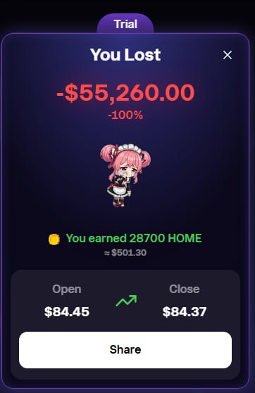 The image shows a screenshot of an app called Rocket Perps, which has a trial mode for trading $1k worth of virtual currency (called "rocket perps") for real money. The user has already earned $55,200 from this trade. The app is open and ready to be used, with the focus on the trade that was made in the past month.