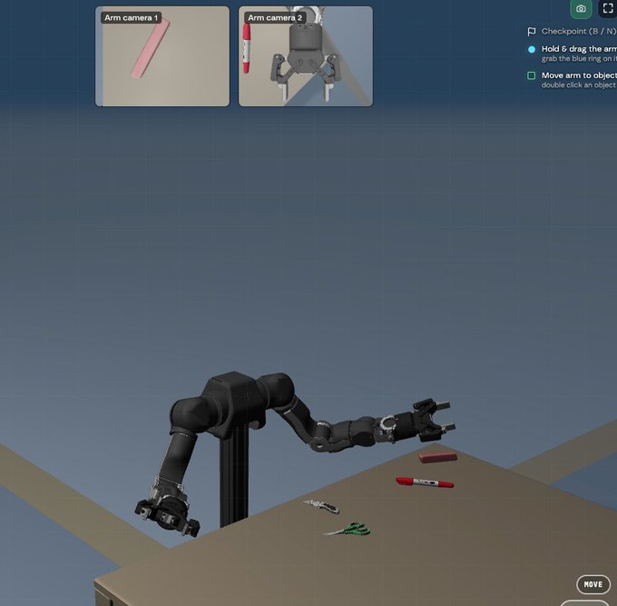 A 3D robotics simulation interface showing two camera views ('Arm camera 1' and 'Arm camera 2') at the top and a robotic arm above a table with markers, scissors, and other objects.