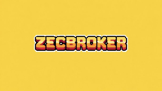A pixelated "ZECBROKER" logo in orange and yellow retro arcade-style lettering is displayed on a solid yellow background, promoting a Zcash-based NFT platform where holders can swap their EVM-minted pieces for Zcash versions in exchange for a $BROKER airdrop.