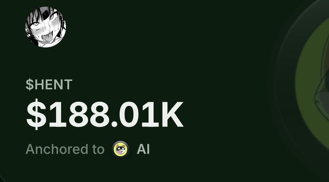 A dark-themed image displays the "$HENT" token priced at $188.01K, "Anchored to AI," featuring an ahegao avatar in the top left corner, directly corresponding to the post's description of a fun, meme-driven crypto token on RobinhoodCrypto that uses an ahegao face and is homophonically named after "hentai."