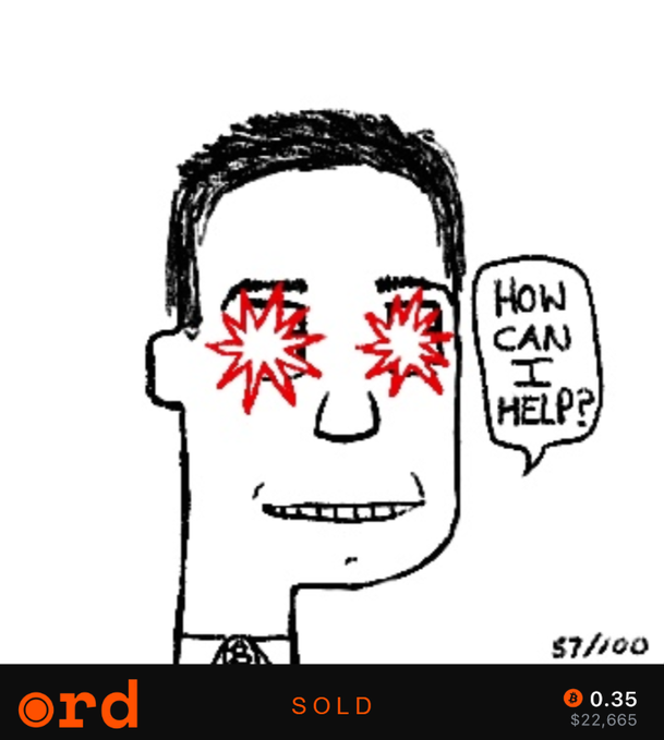An NFT artwork on the 'ord' marketplace labeled 'SOLD' showing a sketch of a man with red starburst eyes and a speech bubble reading 'HOW CAN I HELP?' priced at 0.35 ETH ($22,665), numbered 57/100.