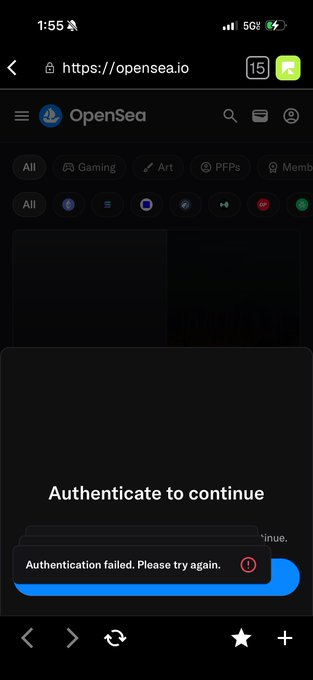A mobile screenshot of the OpenSea.io website showing an 'Authenticate to continue' prompt with an error message reading 'Authentication failed. Please try again.'