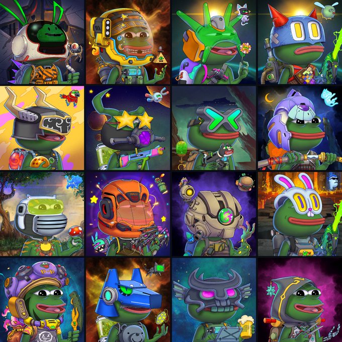 A 4x4 grid of sixteen distinct Pepe the Frog NFT characters from the Pepe Explorers collection, each featuring unique helmets, armor, and accessories. The caption "You don't ape @PepeExplorers. You collect them" emphasizes that these collectible Pepe characters are meant to be curated and collected rather than simply traded as memecoins.