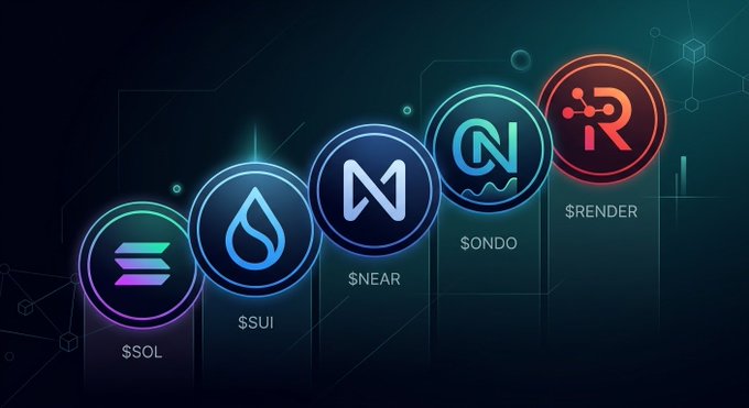 A digital graphic displaying cryptocurrency logos including $SOL, $SUI, $NEAR, $ONDO, and $RENDER against a dark tech-themed backdrop.