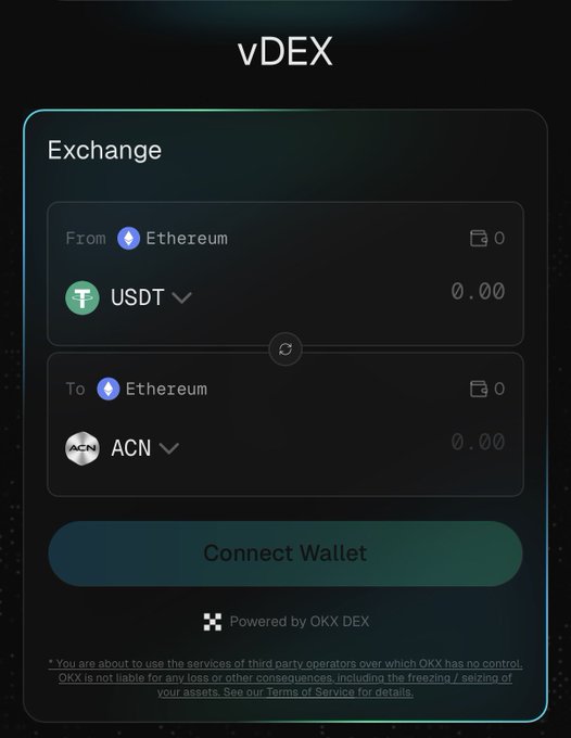 The image shows a screenshot of an app called "VDEX", which displays information about exchanging cryptocurrency, specifically etherium tokens from acorn onto usDT. The app also provides details on connecting a wallet for trading these tokens. The app is designed for Vision Makers users who are interested in investing and trading cryptocurrencies like etherium and usDT.