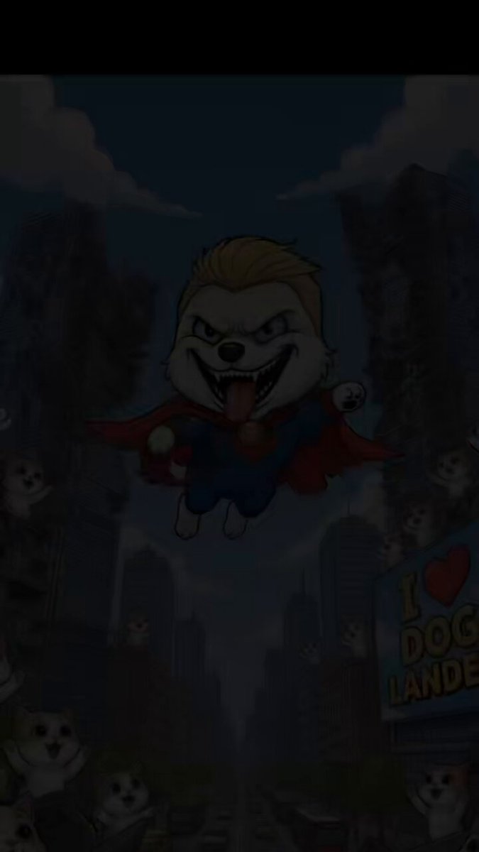 The image features a cartoon dog character with blonde hair, wearing a red cape and a blue shirt, flying through a cityscape filled with buildings of various sizes. The background includes a dark sky and clouds, creating an atmosphere of mystery or suspense. In the bottom right corner of the image, there is text that reads "I love Doglander".