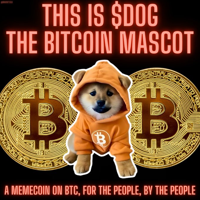 A promotional graphic for '$DOG - THE BITCOIN MASCOT' featuring a Shiba Inu puppy in an orange hoodie between two golden Bitcoin coins, with text reading 'A MEMECOIN ON BTC, FOR THE PEOPLE, BY THE PEOPLE'.