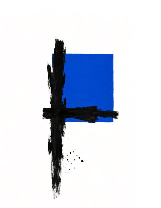 Abstract minimalist art featuring a solid blue square overlapped with rough, textured black brushstrokes forming a cross shape and scattered ink splatters on a white background.