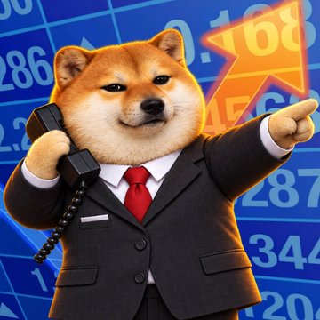 A digital illustration of a Shiba Inu dog dressed in a black business suit and red tie, holding an old-fashioned telephone receiver to its ear while pointing toward a glowing upward arrow against a blue background with stock market numbers.