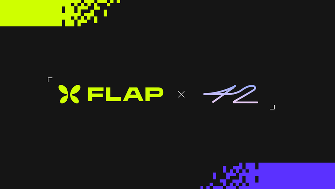 The image features a banner with the words "Flap" written in yellow and green letters against a black background. The text also includes the numbers "42" and "@42space", which are likely part of an event or promotion related to Flap's partnership with @42space. The post mentions that users can participate by sharing their own Flap-related content on social media using the provided hashtag, #Flap42space.