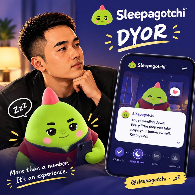 An advertisement for 'Sleepagotchi DYOR' features a man looking at his phone, with a green mascot character and text reading 'More than a number. It's an experience.' and '@sleepagotchi'.