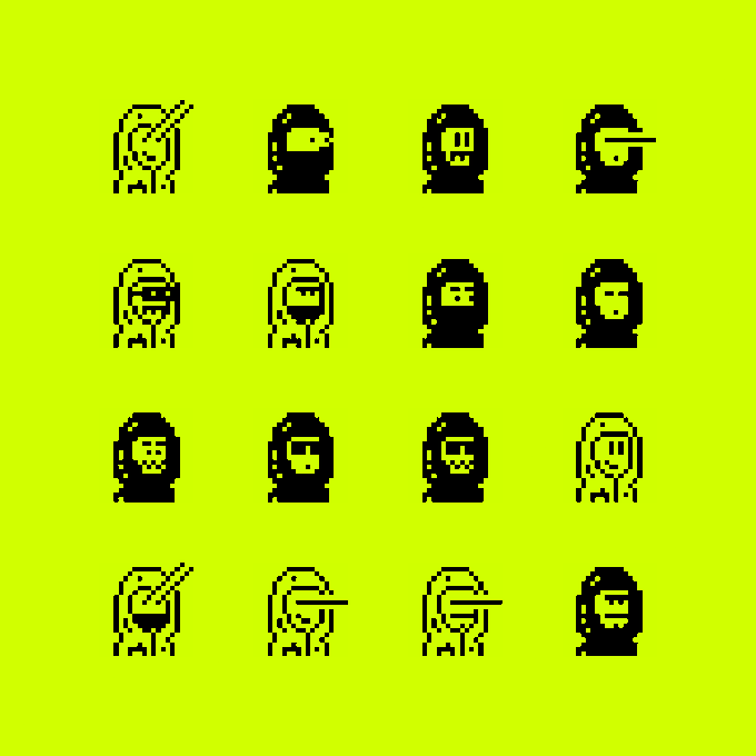 A 4x4 grid of 16 pixelated hooded figures in black and yellow, showing various facial expressions and poses (including some with raised arms), all sporting different hood styles that visually represent the "Hoodies" community branding.