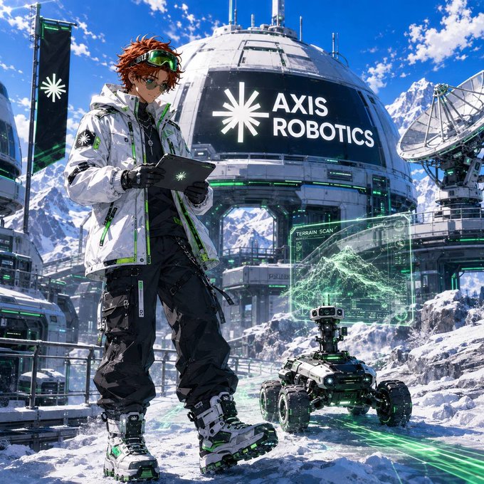 An anime-style character in winter techwear holds a tablet while standing in a snowy landscape in front of the "AXIS ROBOTICS" headquarters, accompanied by a small terrain-scanning rover.