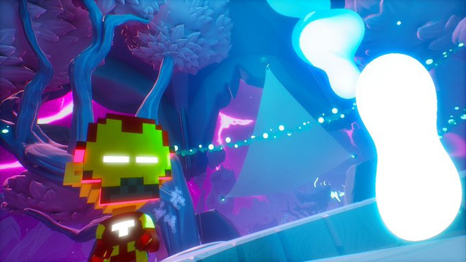 A pixelated green zombie-like character with glowing white eyes stands in a vibrant, neon-lit fantasy landscape, accompanied by a glowing white ghost-like figure emitting blue light trails. The image ties to the tweet by showcasing the character "Pixl Pals" being "leveled up," hinting at a new creative reveal from @CryptoBullyzNFT.