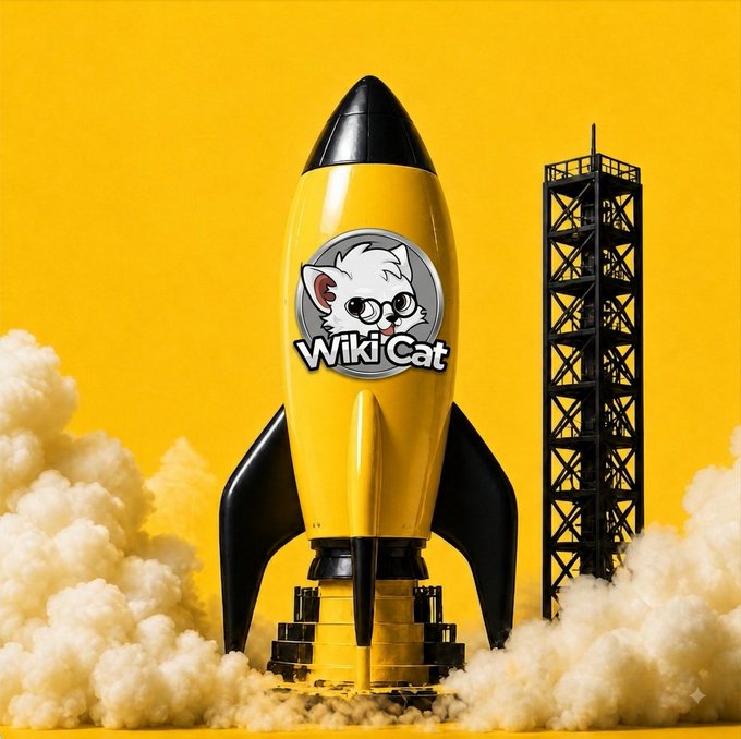 A 3D illustration of a yellow and black toy-style rocket with a 'WikiCat' logo featuring a white cat character, launching with smoke clouds against a yellow background beside a black launch tower.