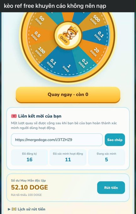 A screenshot of a digital spinning wheel reward page with sections for DOGE amounts, featuring a referral link, user stats, and a withdrawal option showing '52.10 DOGE'.