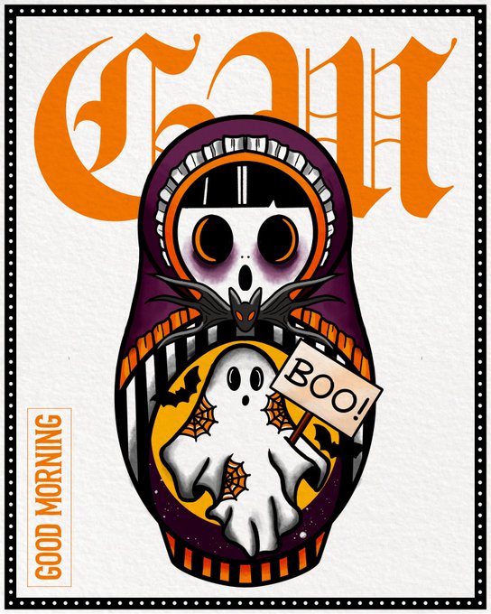 A Halloween-themed graphic featuring a ghost holding a 'BOO!' sign within a matryoshka doll design, with the word 'GOO!' in gothic font and 'GOOD MORNING' on the side.