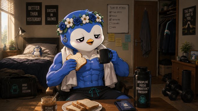 A muscular anthropomorphic penguin wearing a flower crown eats toast and drinks from a mug in a bedroom decorated with motivational posters reading "BETTER THAN YESTERDAY," "EXECUTE IN SILENCE," "PLAN OF ATTACK" (with "WIN" as the unchecked final goal), and "DISCIPLINE FOCUS CONSISTENCY FREEDOM," visually reinforcing the post's resilient "head up, shoulders high" mindset and determination to win despite recent setbacks.