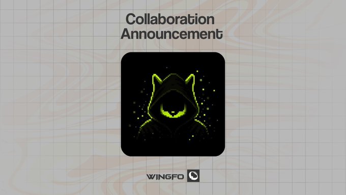 "Collaboration Announcement" graphic featuring a pixelated green-hooded figure with a single eye, promoting a partnership between Winfo and Bappfun's 1000 Broker App NFTs. The Wingfo logo appears at the bottom, matching the post's announcement of the Bapp V2 collaboration with NFT and token holder benefits.