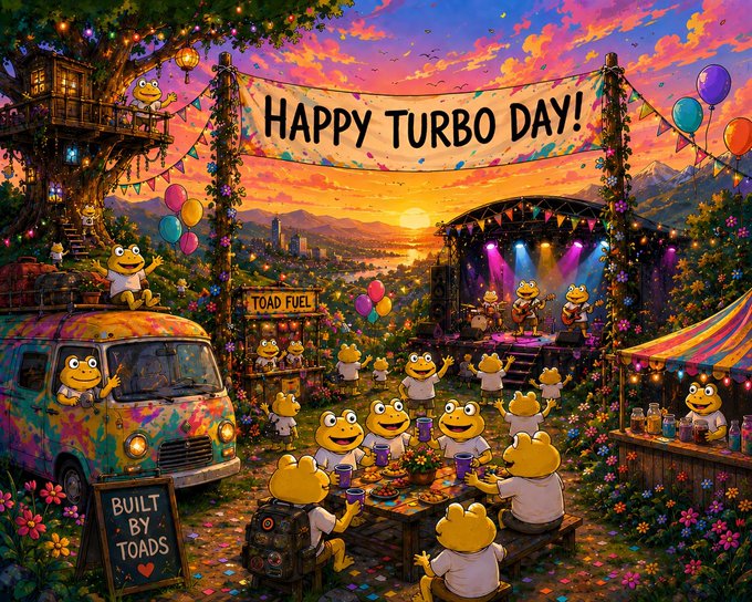 A whimsical fantasy illustration showing a festive gathering of cheerful frogs at a 'HAPPY TURBO DAY!' celebration, with a banner, balloons, a band performing on stage, a colorful van, and a 'TOAD FUEL' stand set against a sunset landscape.