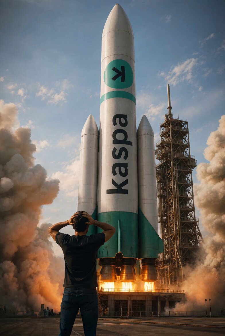 The image features a man standing next to a rocket that has just launched into space. The rocket is white with green accents, and it's positioned above the man who appears to be looking up at it. The caption of the image reads "Kaspa is about to clear out every other L1. No one will have a reason to use another chain once stablecoins officially launch on the network. With the massive Tocatta update expected THIS MONTH, native smart contracts are right around the corner for $KAS".